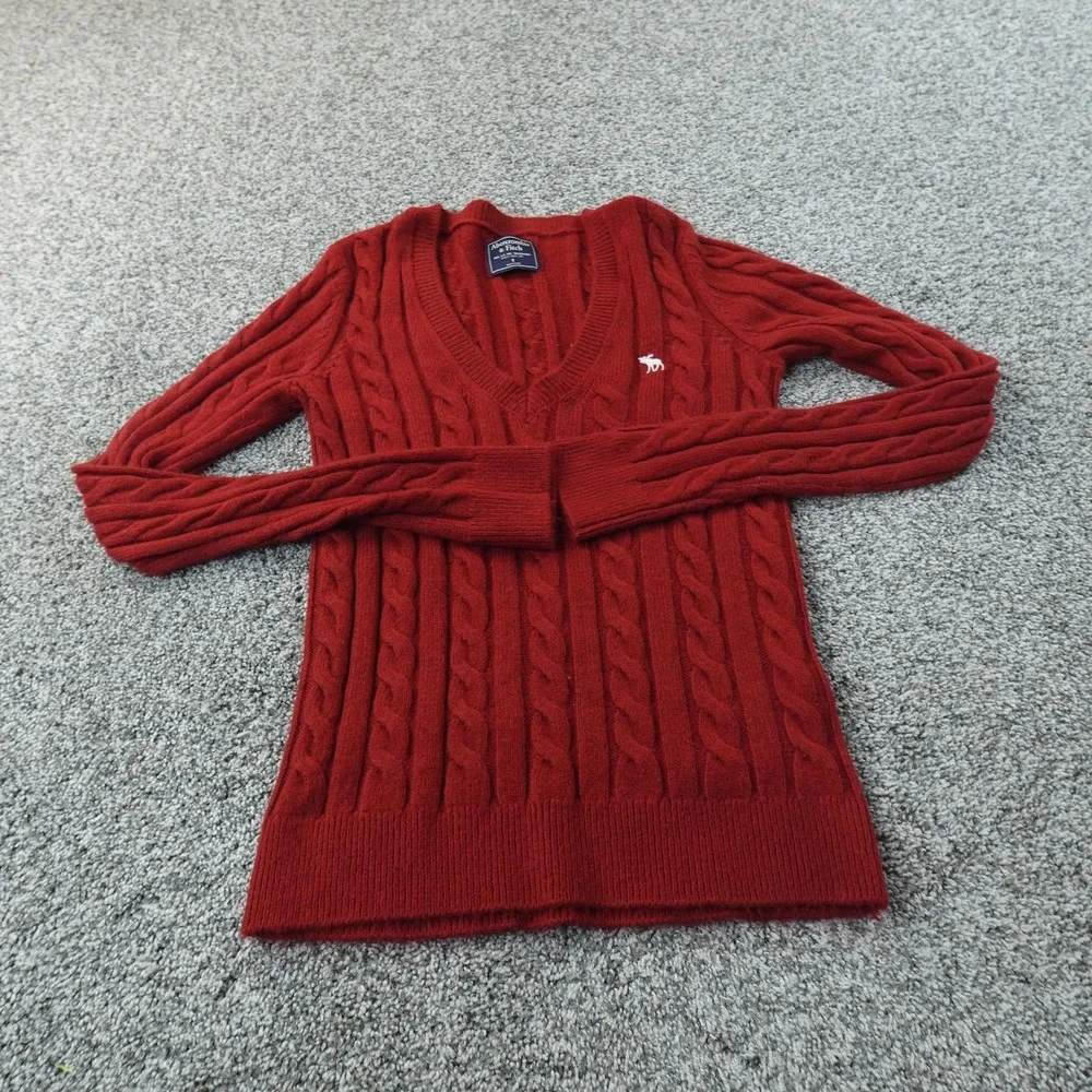 Abercrombie Fitch Sweater Womens S Red Cable Knit V Neck Pullover Moose Logo Y2K - Picture 2 of 10